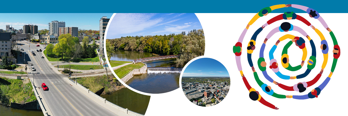 A collage with three photos of Guelph and a spiral-shaped illustration